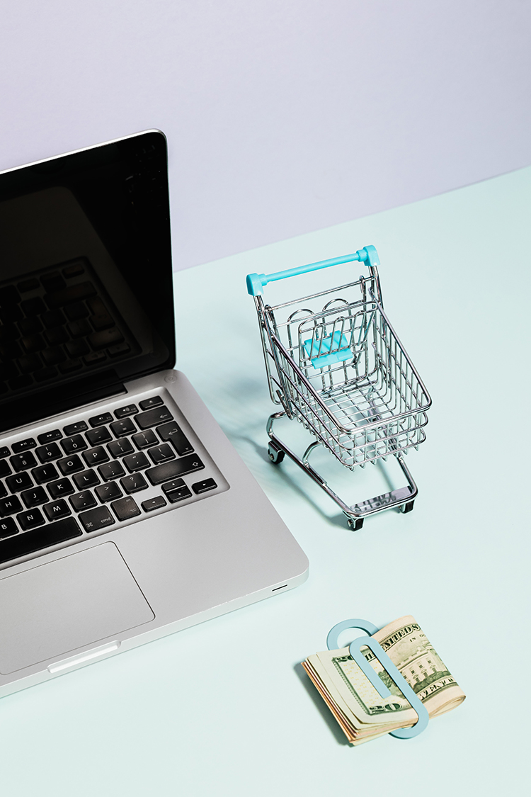 Laptop with mini shopping cart and cash
